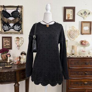 90's girly grunge black beaded cozy sweater w crochet scalloped edge